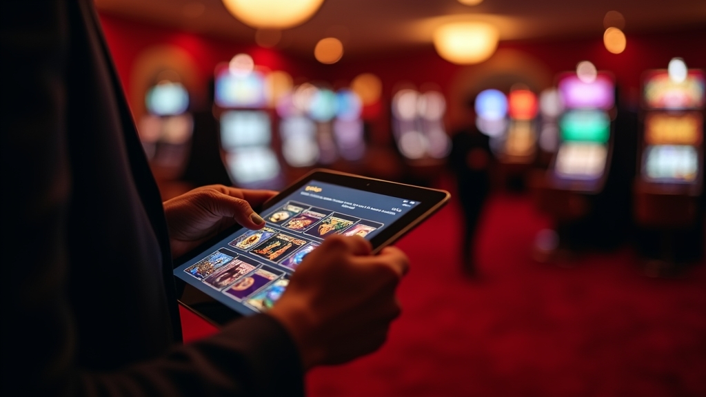 Player comparing bonus offers on a tablet in a dark casino lounge