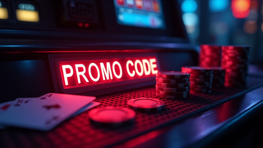 Promo code field glowing on a casino cashier screen with chips nearby