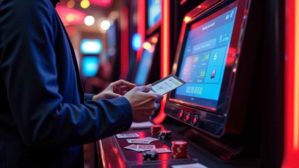 Casino withdrawal verification screen with ID documents and glowing cashier lights