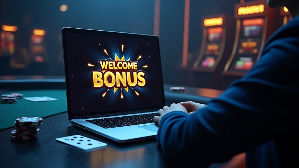 Player checking a welcome bonus offer on a laptop in a dark casino setting